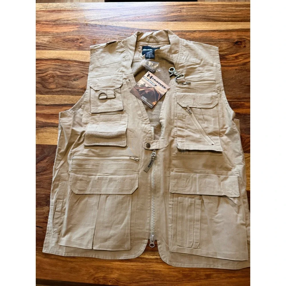 Humvee Mens Safari Photo Vest Khaki Cotton Utility Fishing Multi-Pocket Size M